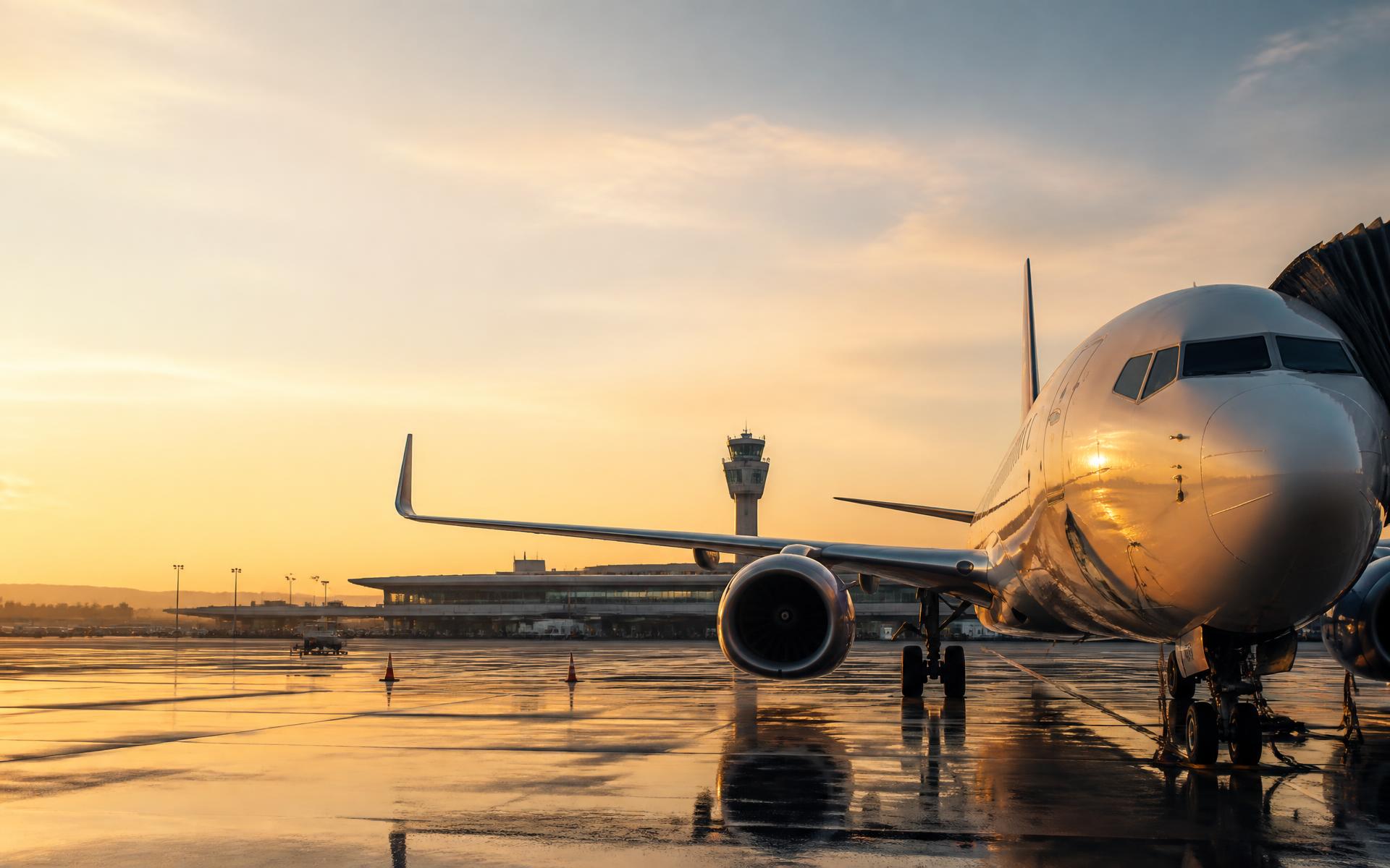 Passenger aircraft on a wet airport apron at golden hour
