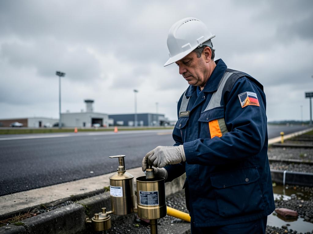 Environmental professional sampling groundwater beside an airport runway